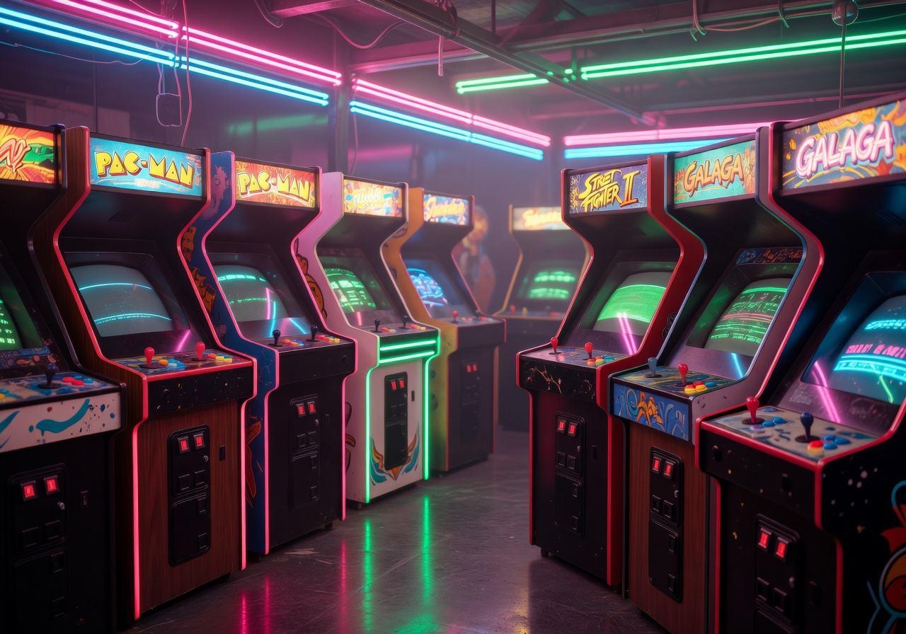 Glossy retro neon arcade atmosphere
